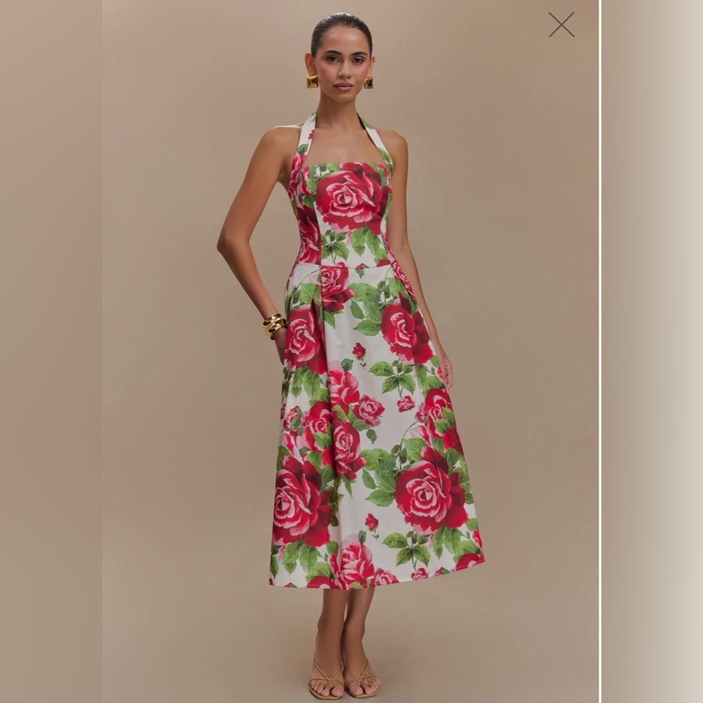 Floral Halter Midi Dress in Red Rose